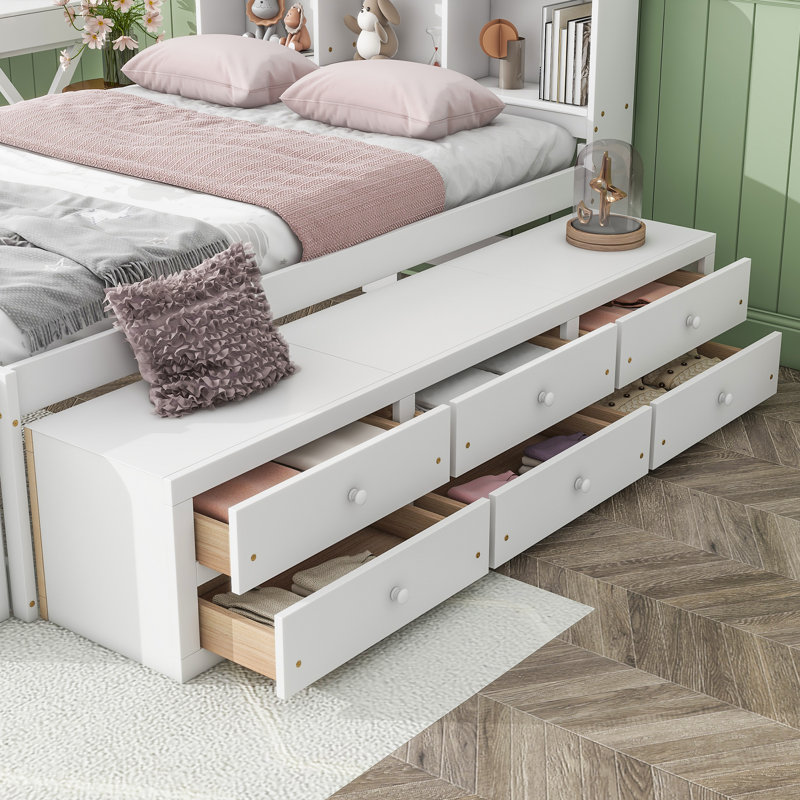 NestEdge Full Bed with Bookcase Headboard and Underbed Storage Drawers, White