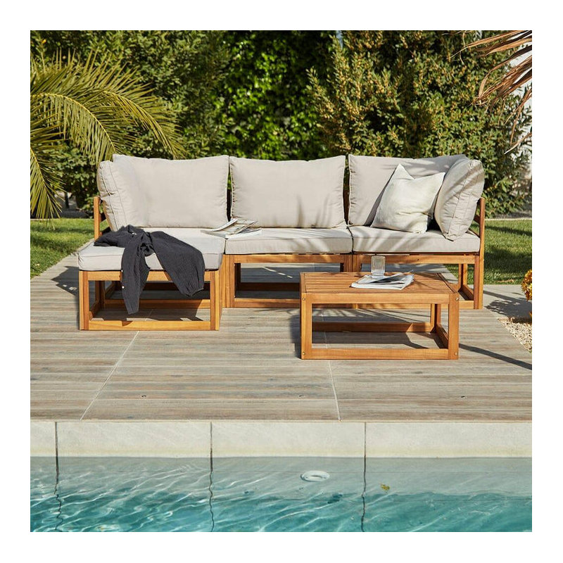 Rimasha 3 Seater Wooden Garden Sofa Set with Footstool & Coffee Table - Grey, Beige