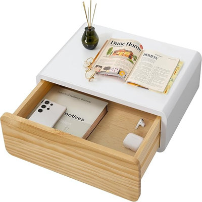 Floating Nightstand White With Drawers Modern Bedside Table Organiser Fully Assembled Shelf Small Spaces Wall Mounted Storage Wood Furniture For Bedroom Home Decor