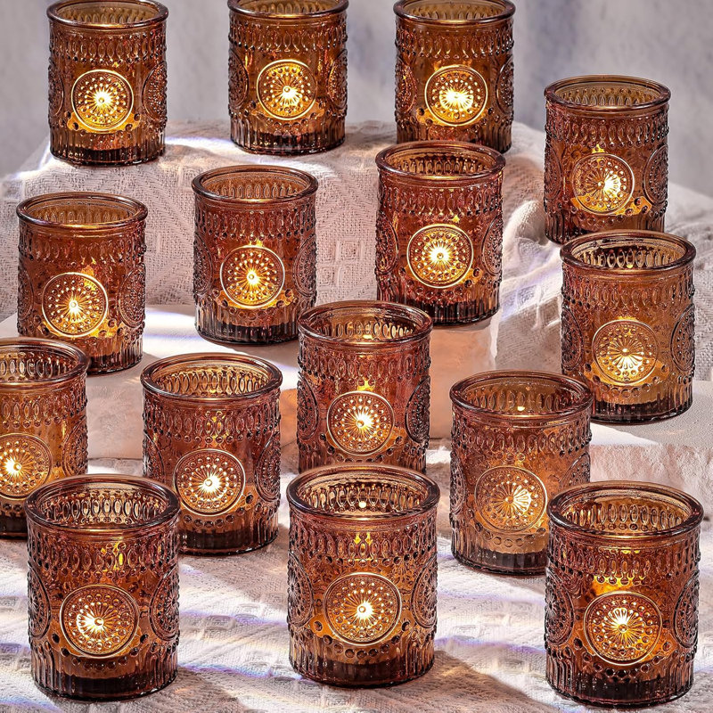 Set Of 36 Amber Glass Votive Candle Holders