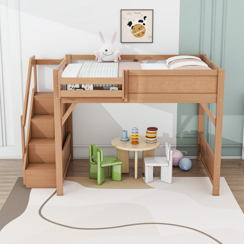 Lit mezzanine avec garde-robe et tablettes de rangement, Naturel foncé, Lit double