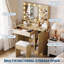 Bureau de coiffeuse moderne avec miroir HD, 10 lumières DEL et prise de courant - Coiffeuse avec tabouret pour chambre à coucher