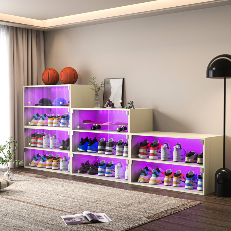 Boîte de rangement pour chaussures à 3 lumières avec portes en verre et bois, pouvant accueillir jusqu'à 9 espadrilles, empilable