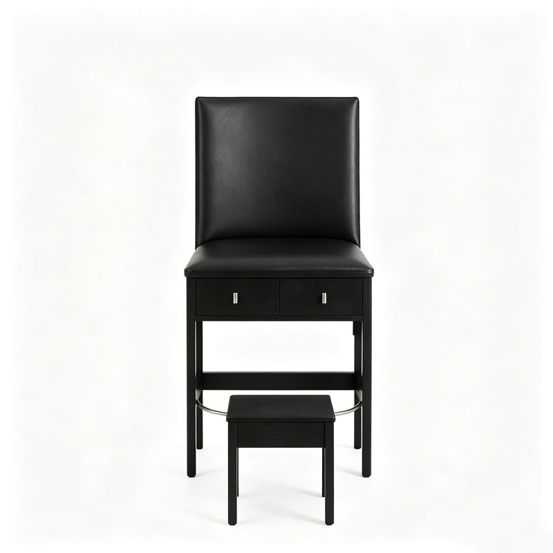  Petit meuble-lavabo moderne avec 3 modes d'éclairage DEL et luminosité réglable, 3 tiroirs et tablettes de rangement ouvertes, support pour sèche-cheveux et prise de courant avec fauteuil, noir