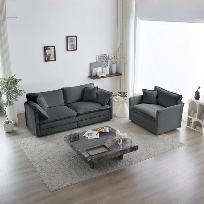 Canapés-lits | Ensemble 2 pièces 1 + 2 sièges moderne, structure en bois massif, pour le bureau de la chambre à coucher du salon | Gris | Chenille