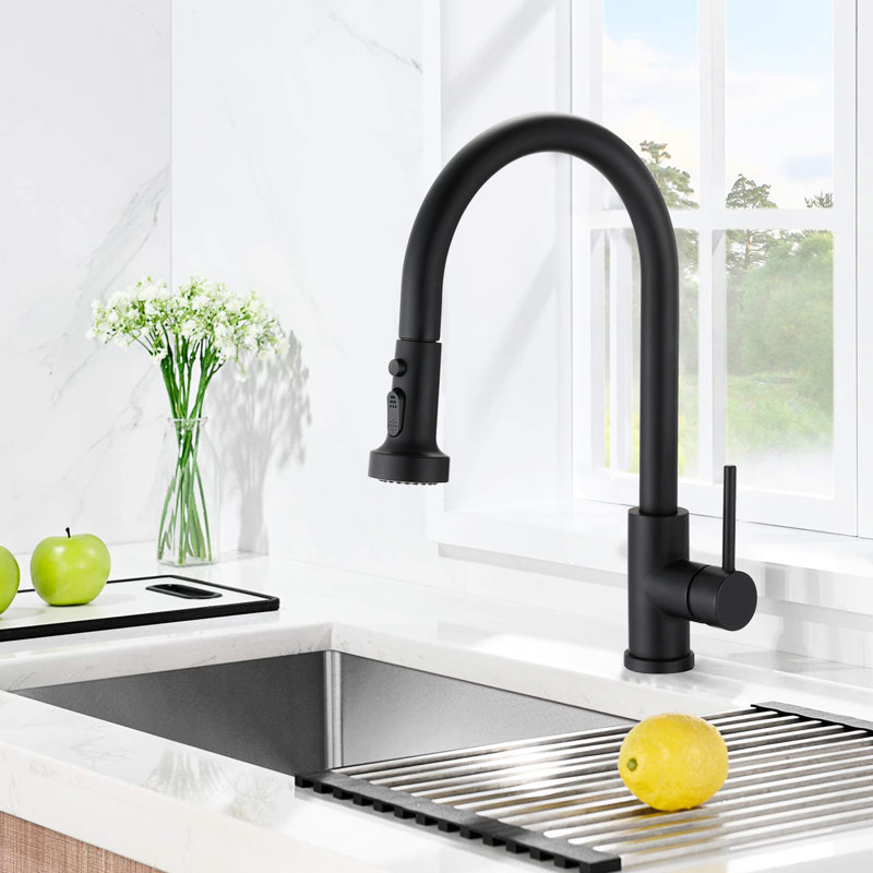 Robinet de cuisine rétractable noir mat - Fabrication en acier inoxydable, aux égratignures et à la rouille, bec rotatif à 360 °, point de jet efficace, bouton-poussoir pour un entretien efficace de l'hygiène de l'évier