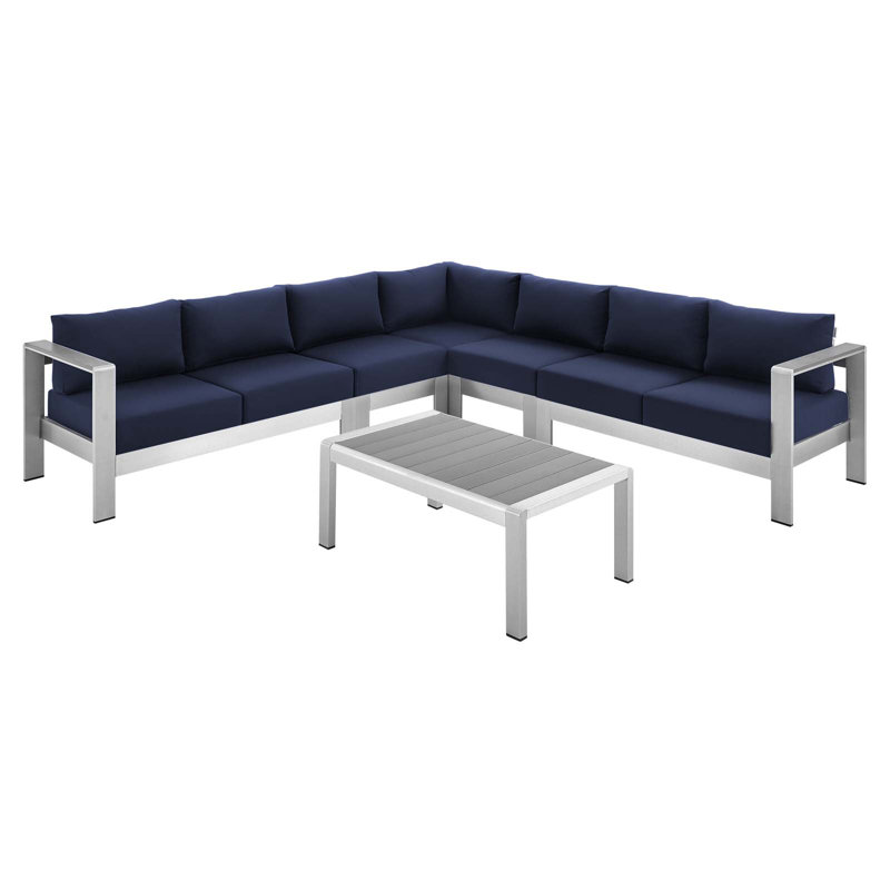 Ensemble de canapé modulaire d'extérieur en aluminium 6 pièces Shore Sunbrella, Sunbrella® bleu marine