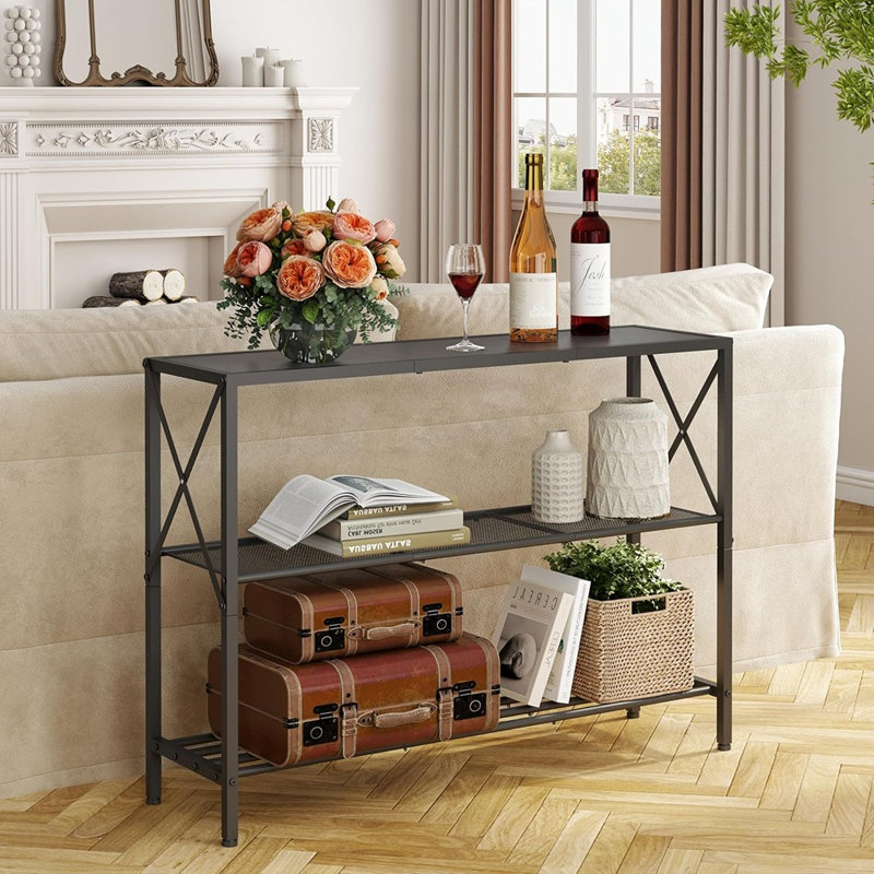Console industrielle noire à 3 niveaux avec étagères, table d'entrée étroite et table basse pour salon, hall d'entrée et bureau
