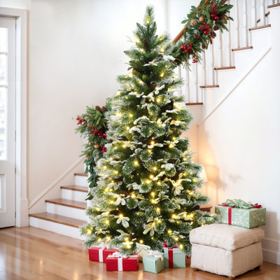6Ft Pre-Lit Snow-Flocked Green Branches Artificial Pine Christmas Tree