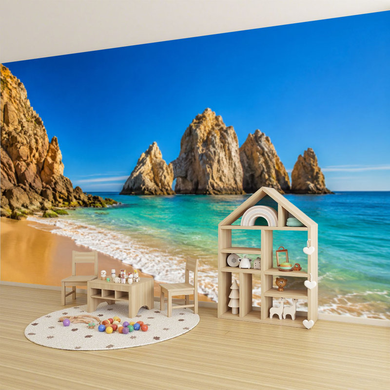 Peler et coller, papier peint tropical, plage rocheuse, Cabo San Lucas, art mural auto-adhésif et amovible