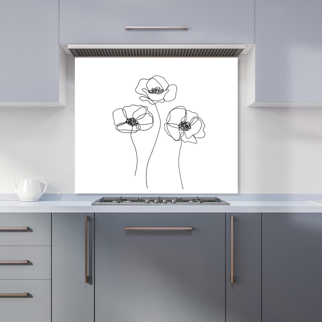 Monochrome Line Drawn Poppies Premium Glass Kitchen Splashback W600mm x H750mm
