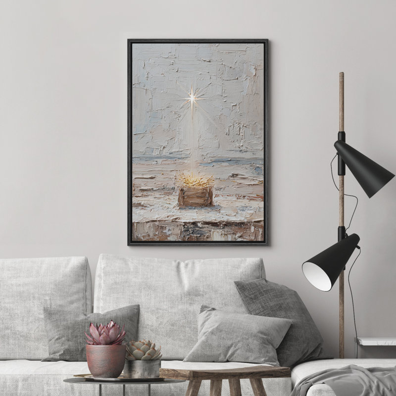 «Radiant Star» au-dessus de la crèche neutre de Noël moderne, reproduction d'art sur toile encadrée dans la chambre principale