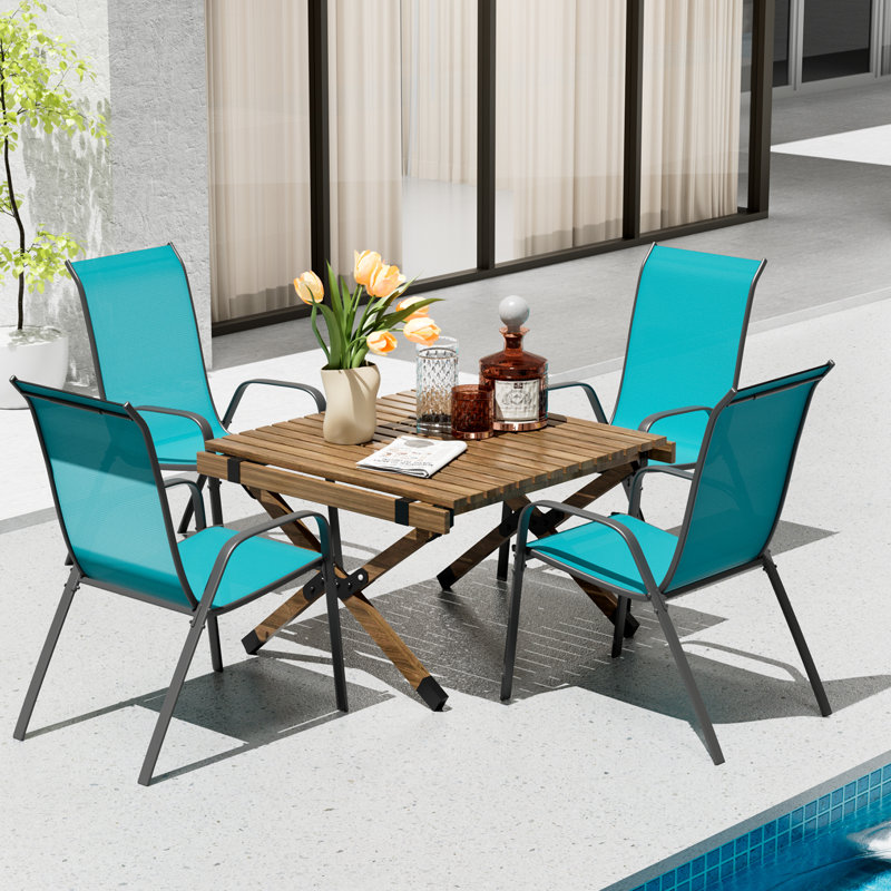 Melisa Patio Chairs Set Of 4, Outdoor Textilene Stackable Dining Chairs （Set of 4）, Blue/Gray