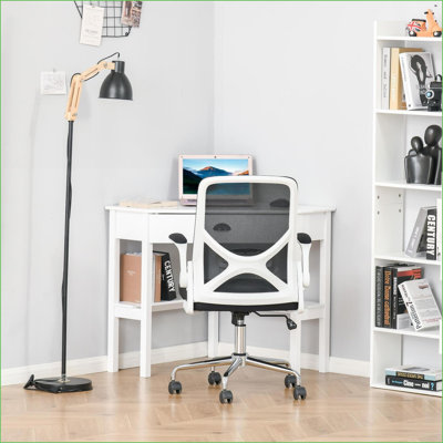 Bureau d'ordinateur de coin de bureau compact avec tiroir & amp; Tablettes de rangement, poste de travail de bureau à domicile pour petits espaces | Blanc | Panneau de fibres à densité moyenne P2