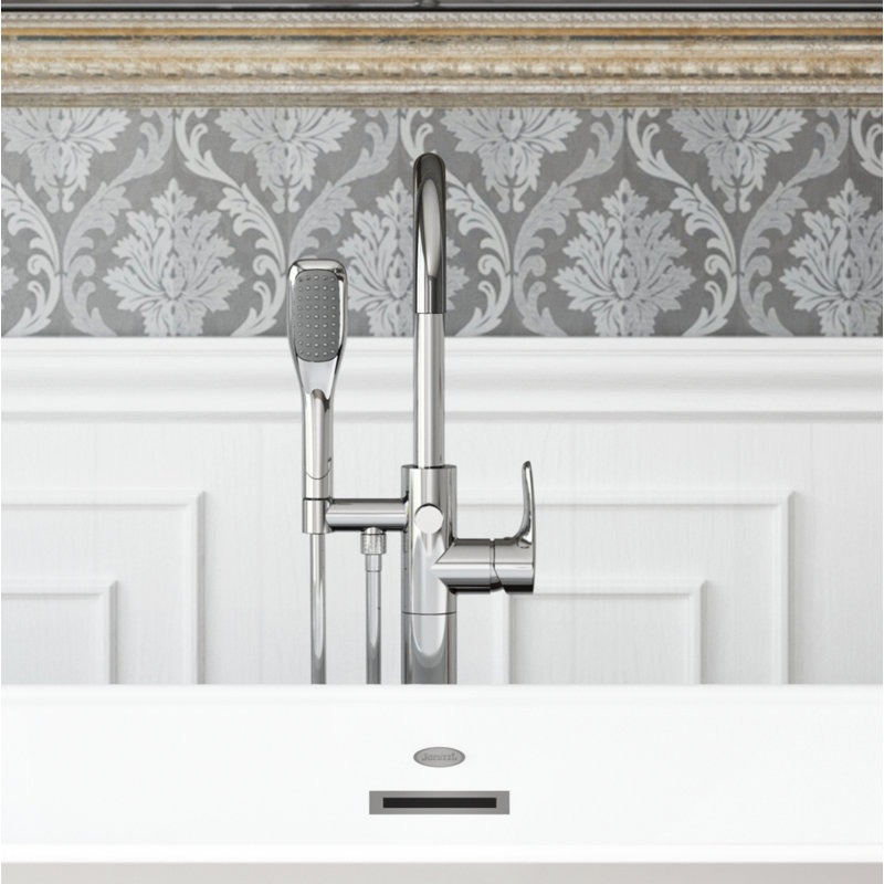 Round Double Handle Floor Mounted Freestanding Tub Filler with Diverter and Hand Shower, Brushed Nickel
