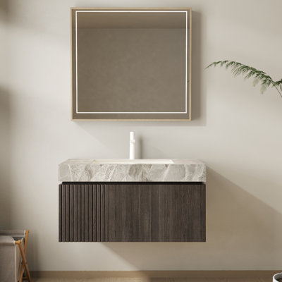 Meuble-lavabo flottant 36 po avec lavabo, armoire de rangement avec comptoir en pierre frittée gris clair, lavabo en céramique à 1 trou, tiroir et porte à fermeture en douceur, pré-assemblé, grain de bois espresso