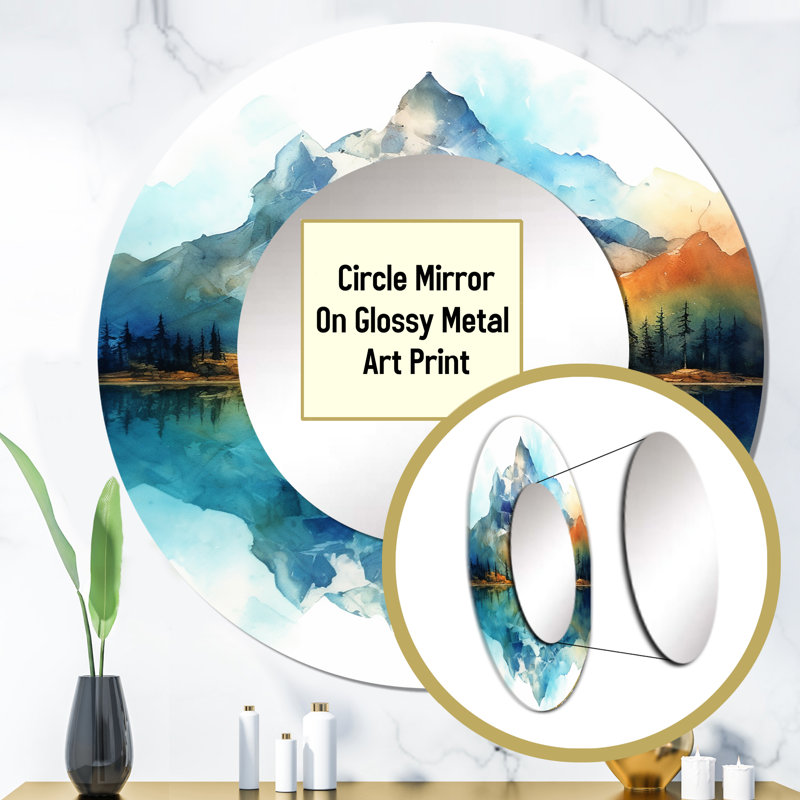 Saeger Calming Mountain Riverside III - Mountains Decorative Mirror, Turquoise Round Wall Mirror, Printed Metal Art