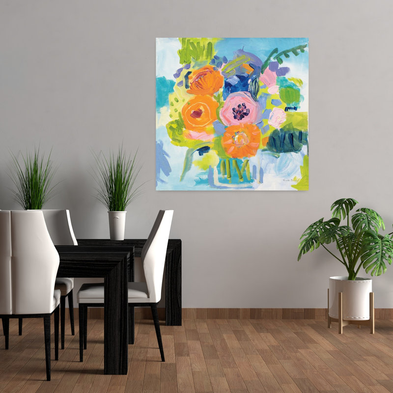 Bouquet d'été contemporain avec art abstrait bleu, H 36 po x l 36 po