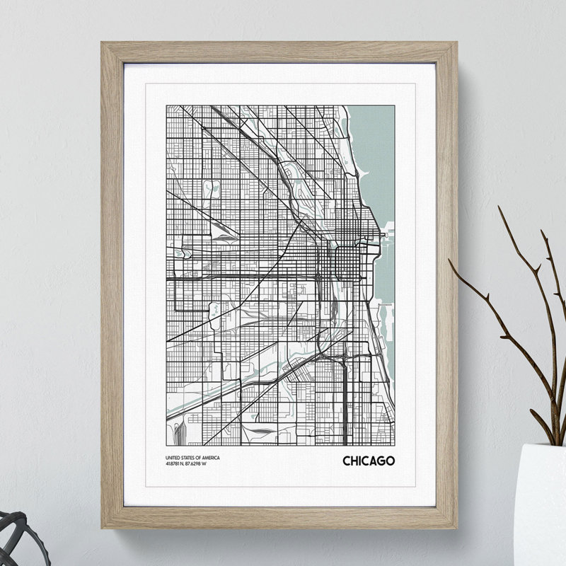Map Chicago USA - Picture Frame Graphic Art, 65cm H x 48cm W x 2cm D, Walnut Framed