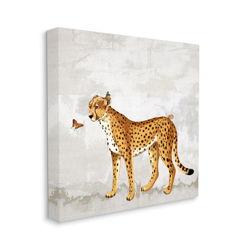 17" Square Beige Canvas Art with Leopard and Butterfly