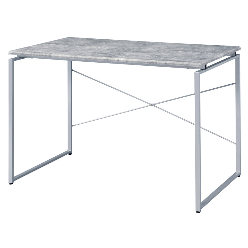 Fabrication de bureau gris et argenté avec une touche industrielle, surface de table rectangulaire en bois stable, ensemble de base de traîneau en métal, plateau en bois argenté et robuste