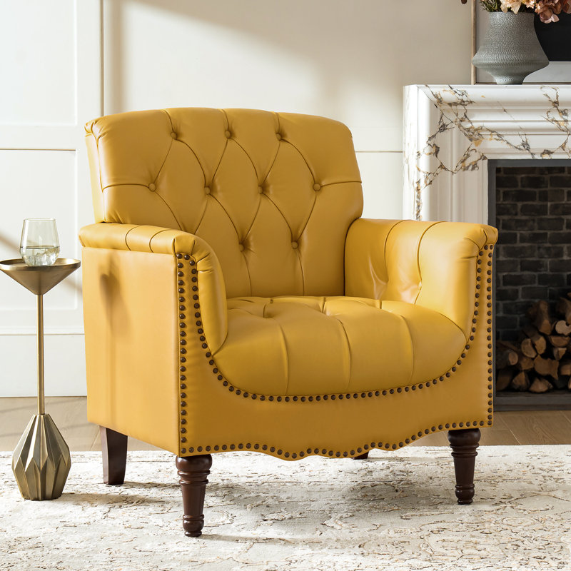 Annja 32" W Tufted Genuine Leather Armchair, Yellow Top Grain Leather