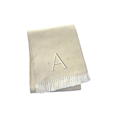 55" X 70"  And White Herringbone Cotton Blend A Initial Throw Blanket with Tassels And Embroidery