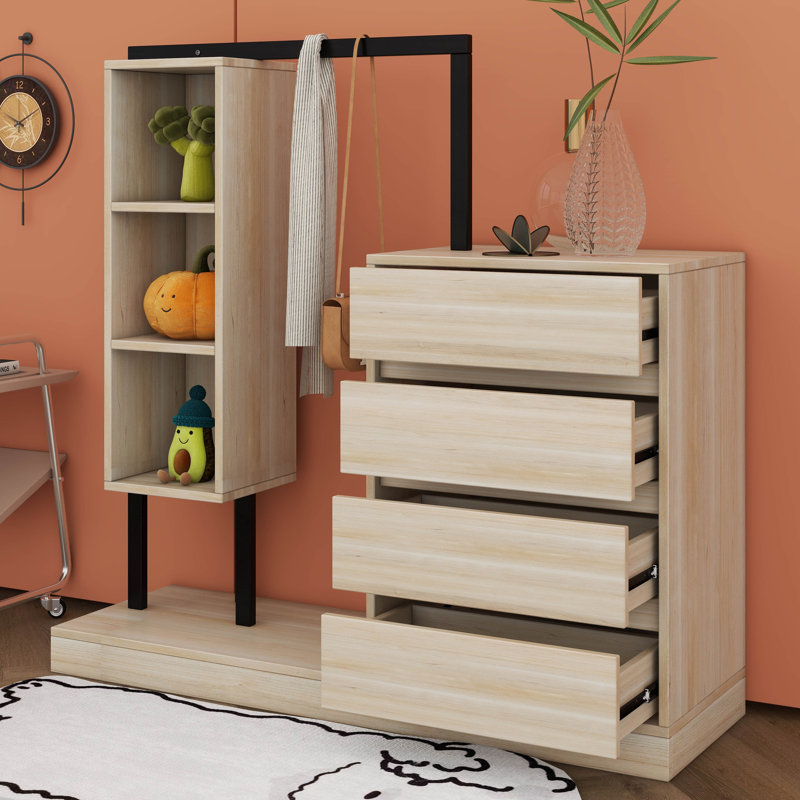 Armoire moderne avec 4 tiroirs, 3 tablettes et tringle à vêtements, Naturel