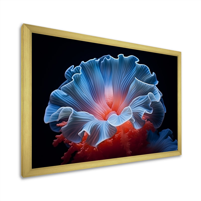 Anémone plumeuse géante bleue et rouge - décoration murale florale, Cadre doré simple, H 34 po x l 44 po x P 1,5 po