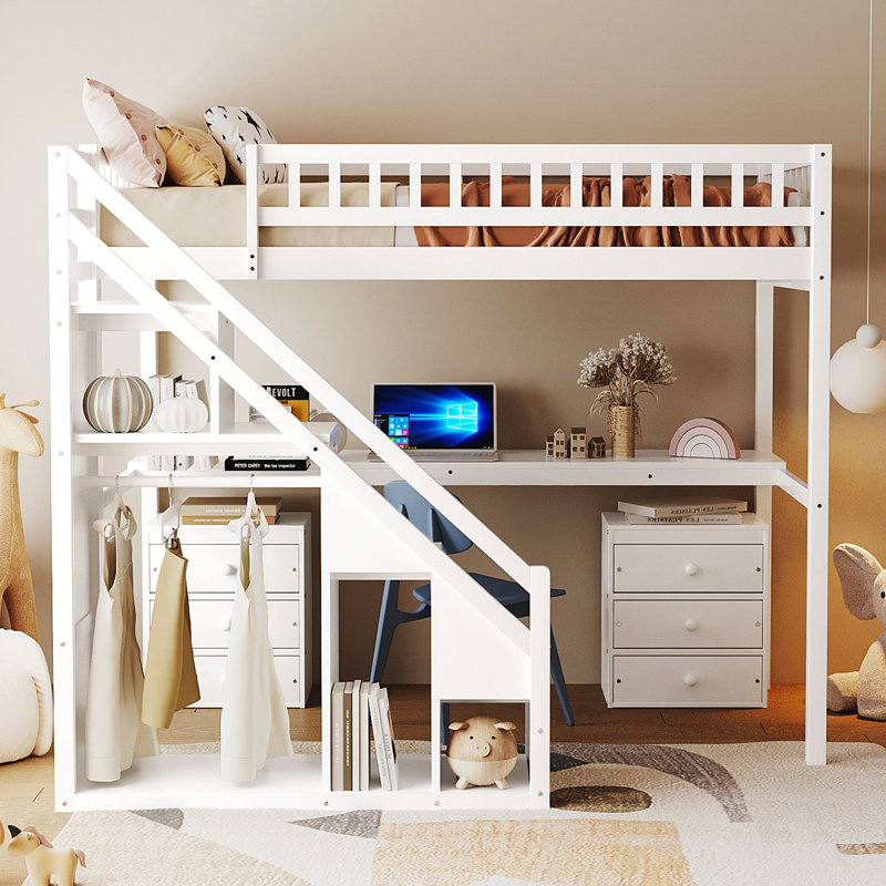 Lit mezzanine avec deux commodes, bureau et bande lumineuse, Blanc, Lit simple