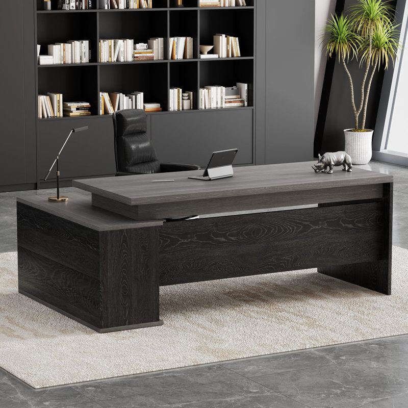 Bureau de direction luxueux et ergonomique avec design en L personnalisable et nombreuses solutions de rangement, Gris / Noir