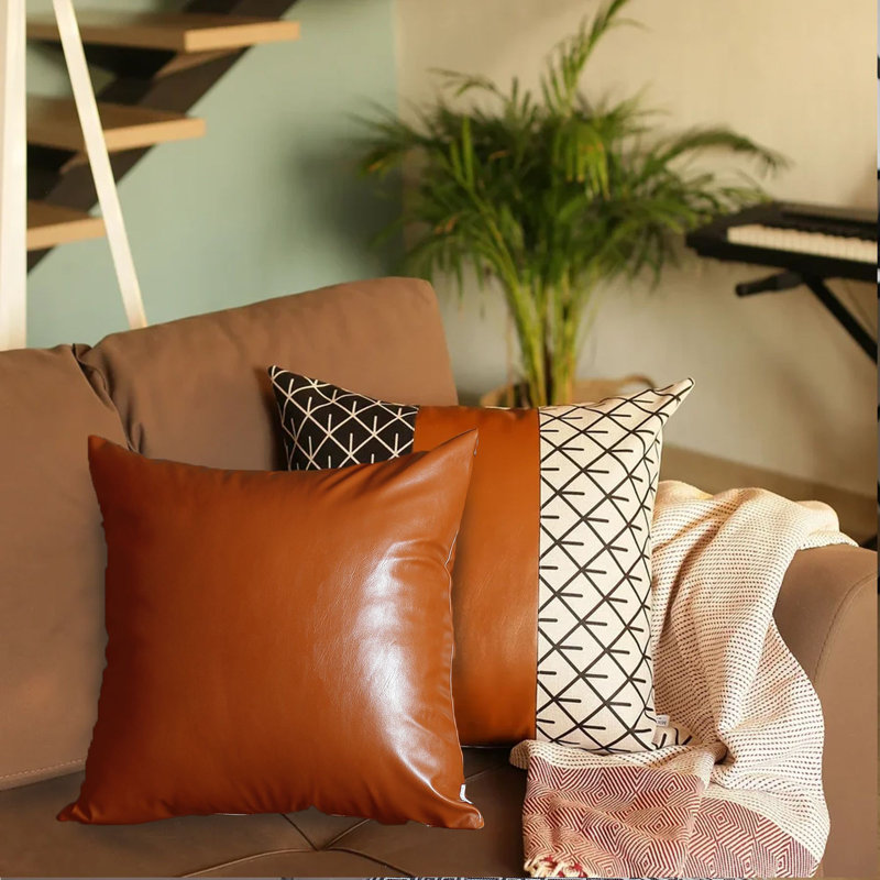 Set Of 2 Brown Patterned And Solid Throw Pillows