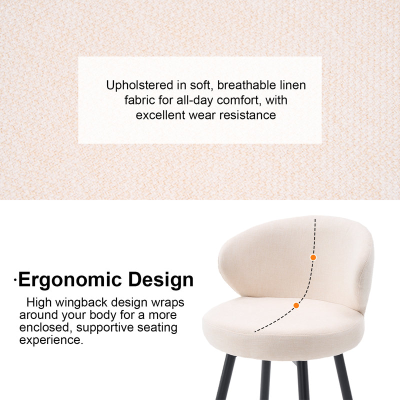 360° Swivel Modern Bar Stool, 26" Upholstered Counter Height Bar Stools With Wingback, Soft Linen Fabric, Counter Chairs With Arm For Kitchen Island Or Home Bar