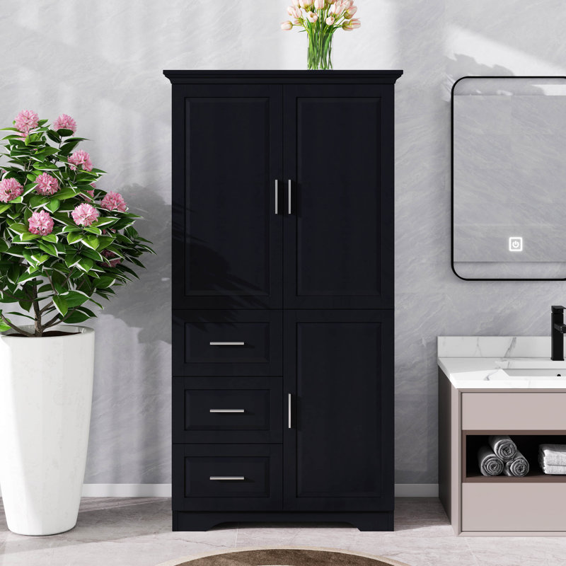 Grande armoire de rangement, garde-manger autoportant moderne avec 3 portes, tablettes réglables et 3 tiroirs de rangement