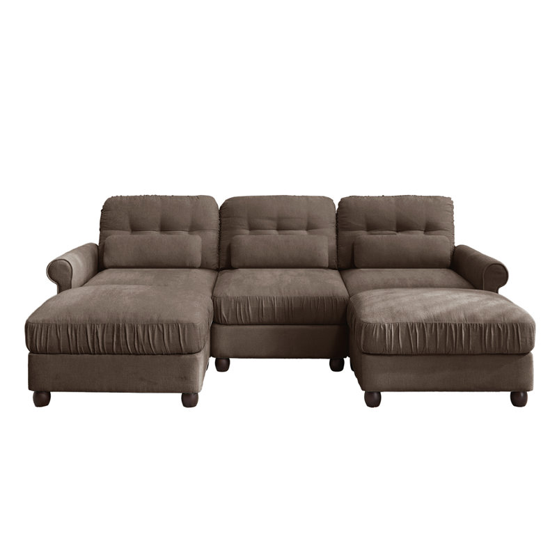 Canapé 3 places avec 2 poufs, accoudoirs arrondis et coussins de soutien lombaire, assise profonde et confortable pour le salon