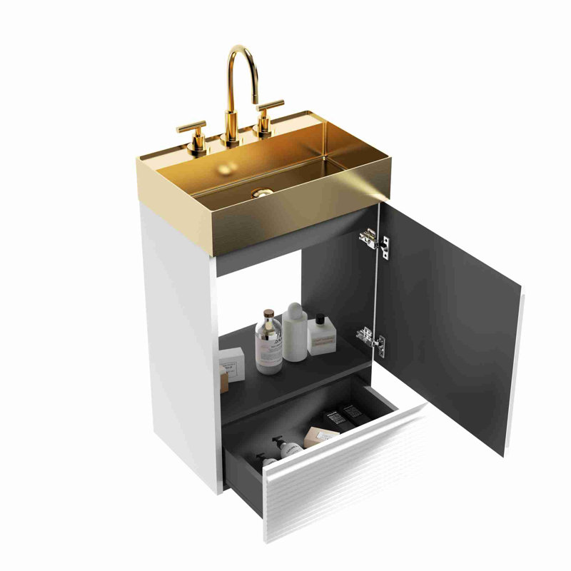 Meuble-lavabo de salle de bain avec rangement, Or brossé, Blanc mat