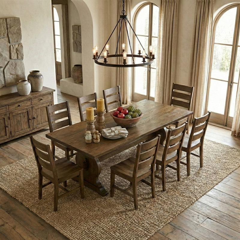 Almeda Traditional 70.8" Rectangular Dining Table Set, 9 Pieces: Table, 8 Chairs, Brown