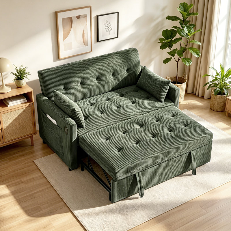 53"Sofa Bed, 3-in-1 Loveseat Sleeper Sofa with Pull Out Bed, Pockets and USB, Modern 2 Seater Convertible Small Couch for Living Room Bedroom Apartment,Corduroy Comfy Couches,Green