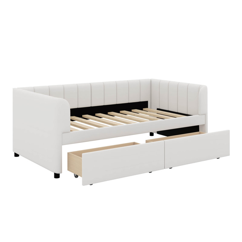 Lit de jour simple tapissier avec tiroirs, Beige