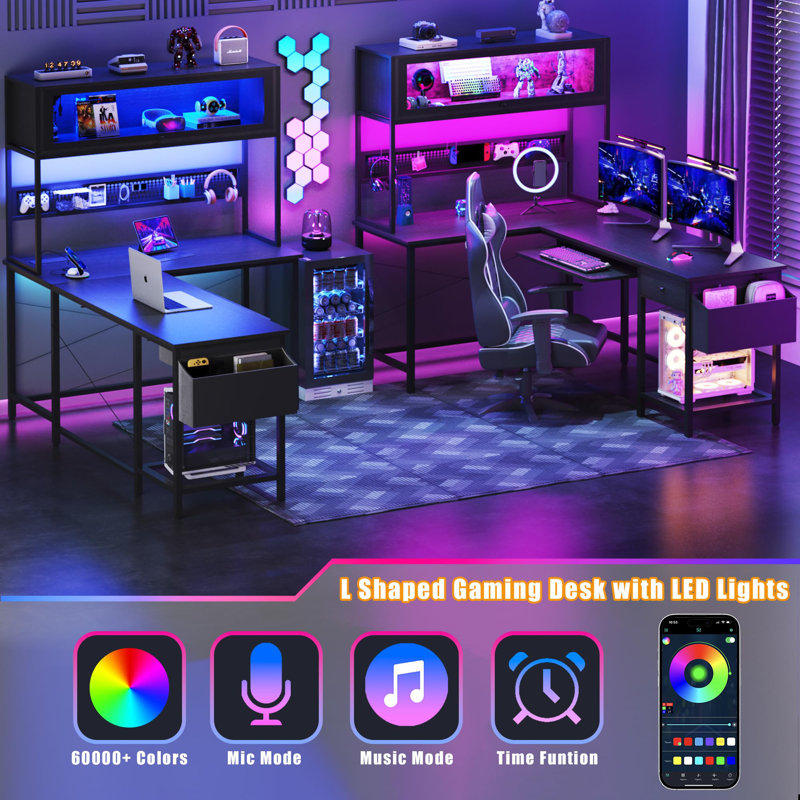 Reversible L Shaped Computer Desk With Power Outlets & Adjustable Led Lights, Black