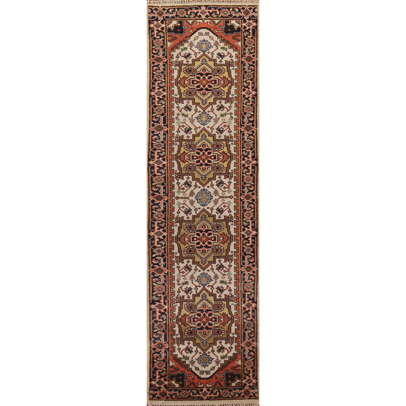 Tapis de couloir ivoire en laine noué à la main de conception unique 2 pi 7 po x 10 pi 1 po New Age