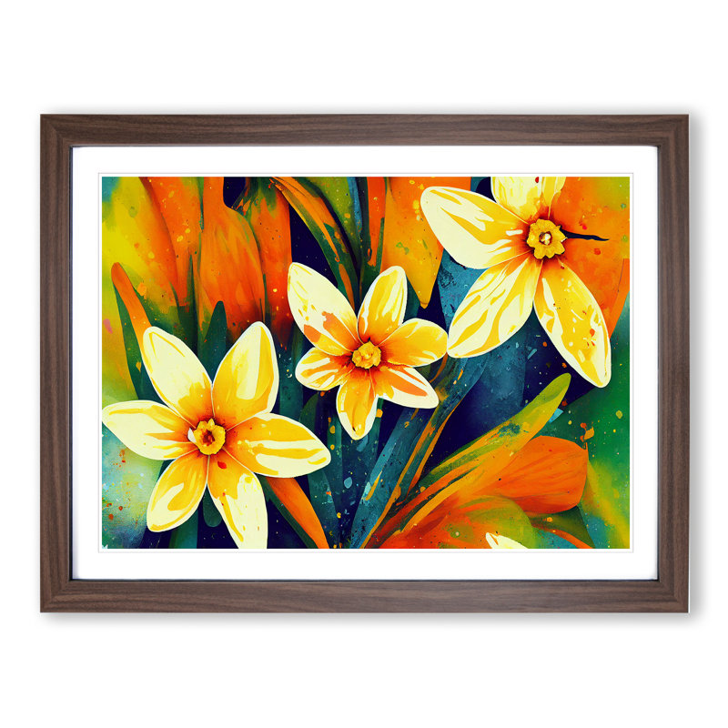 Daffodil Flower Splash Vol.3 Abstract - Single Picture Frame Print, 25cm H x 34cm W x 2cm D, Walnut