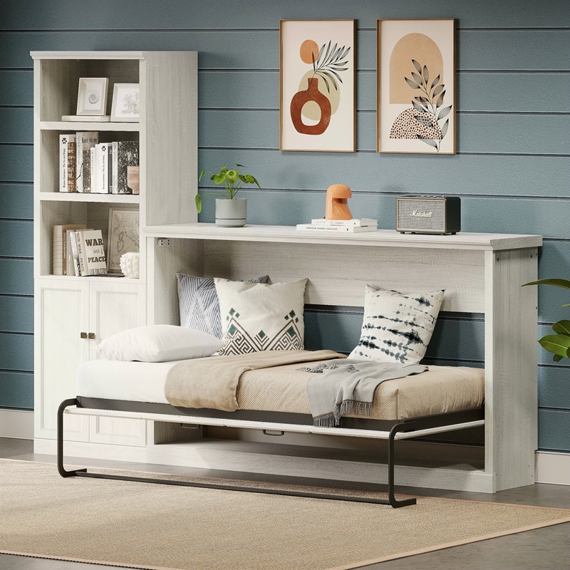 Lit escamotable horizontal simple avec 1 tablette de rangement latérale, lit escamotable, armoire pliante, meuble peu encombrant pour chambre d'amis polyvalente, bureau personnel