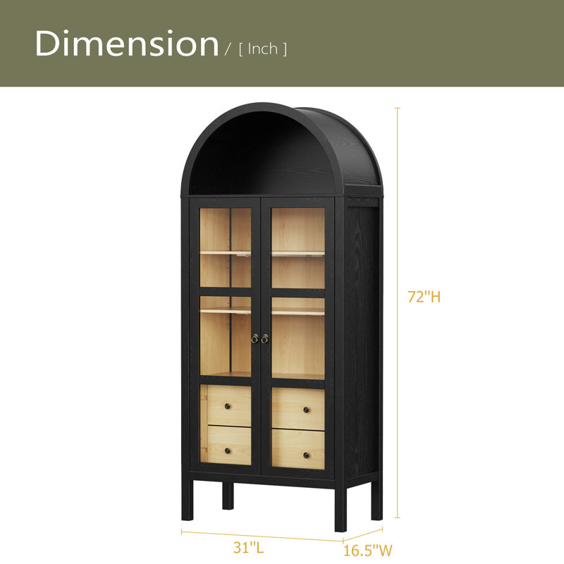 Modern Arched Cabinet With Glass Doors,72" Tall Auto Sensor Light Farmhouse Arch Storage Cabinet With Height Adjustable Shelf And 2 Drawers Display Bookshelf