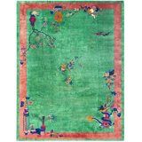 Vibrant Green Antique Floral Dragon Design Chinese Art Deco Rug