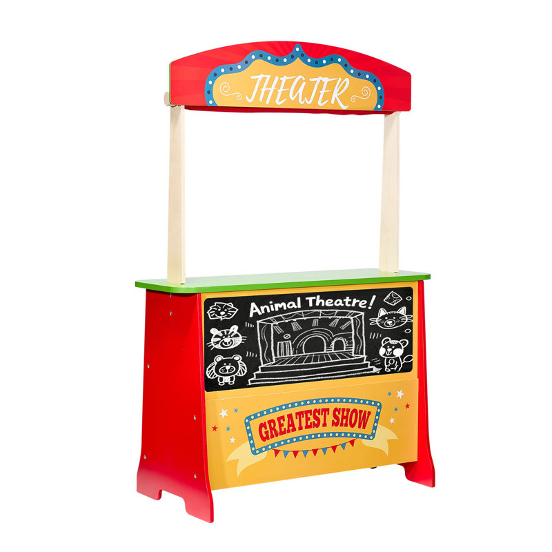 Ensemble de jeu de marionnettes en bois pour théâtre et épicerie - Support de marché pour enfants 2 en 1 avec accessoires