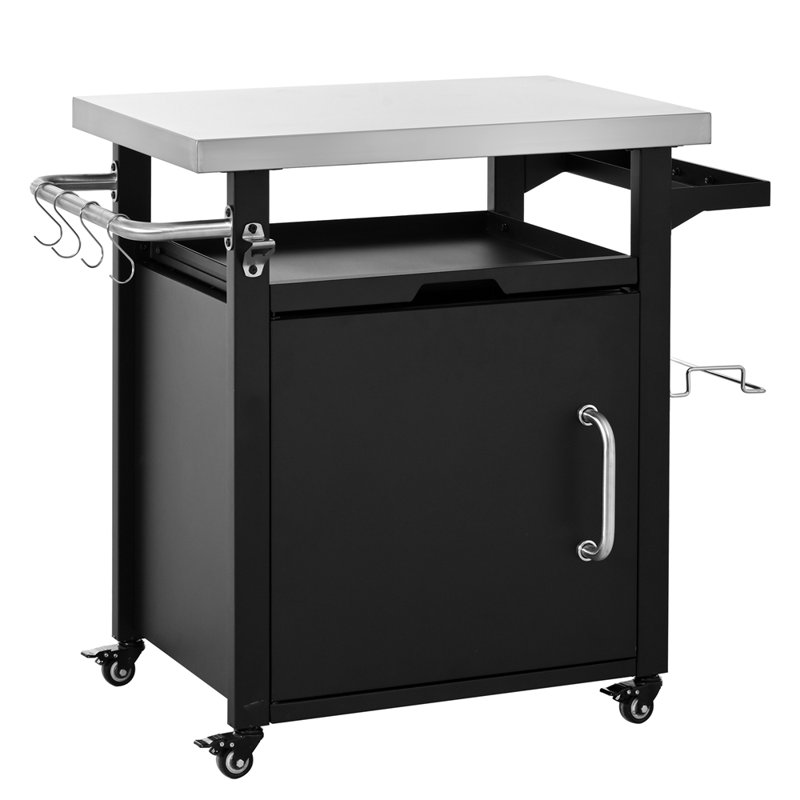 Outdoor Grill Cart with Storage Cabinet, Outdoor Bar Cart Pizza Oven Table with Wheels, Stainless Steel Top, Outdoor Kitchen Island with Spice & Paper Rack for BBQ, Waterproof Cover Included
