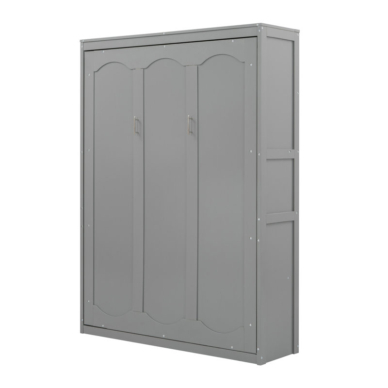Lit escamotable double pleine grandeur avec tablettes murales, gris