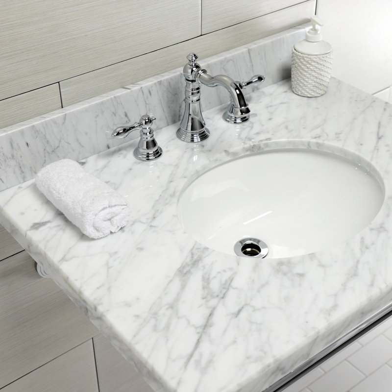 Lavabo de salle de bain ovale à console avec trop-plein, Marbre blanc / chrome poli