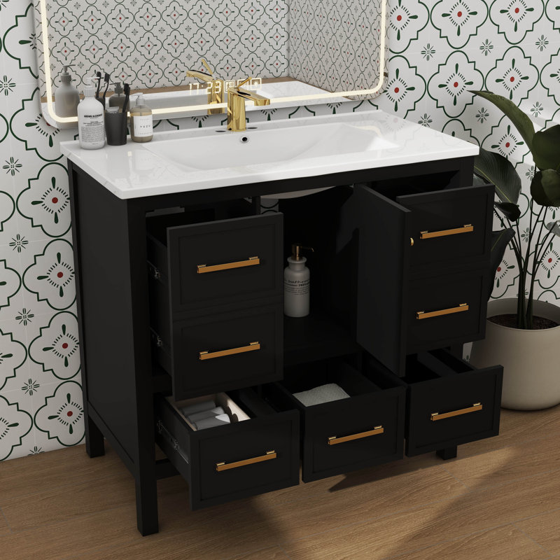 Armoire de meuble-lavabo autoportante en bois massif 36 po avec 5 tiroirs 36 po, Black